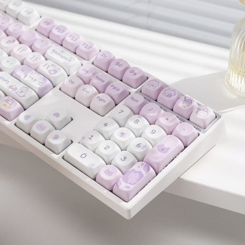 Cat Afternoon Tea 132 Key MOA Height Purple Cat Gradient Cute Round PBT Key Cap For Keyboards