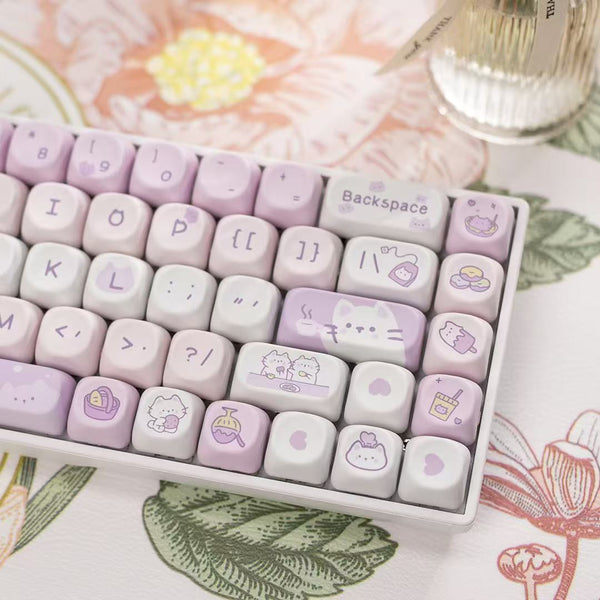 Cat Afternoon Tea 132 Key MOA Height Purple Cat Gradient Cute Round PBT Key Cap For Keyboards